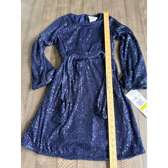 Rare Editions Navy Blue Sequin Belted Party Dress | Size 14 | NWT - Picture 3 of 6
